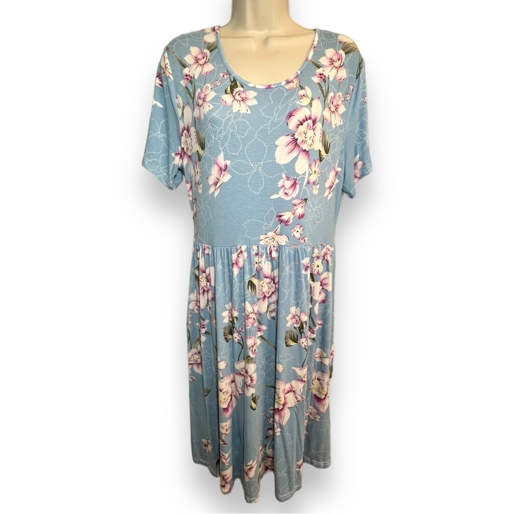 DB Moon Women’s Short Sleeve Dress with Pockets Light Blue Floral Size XL